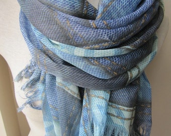 Plaid infinity scarf long Gauze linen denim navy blue patchwork Turkish unisex scarves