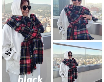 Classic Scottish Plaid blanket scarf- black white red tartan plaid Flannel wrap shawl-2026 winter fashion Turkey