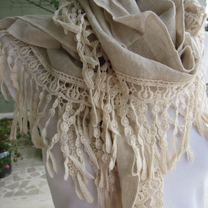 fringe scarf,Oatmeal Ivory natural linen cotton women&#39;s scarves - cotton lace fringe scarf- haute couture Turkish scarf woman fashion scarf