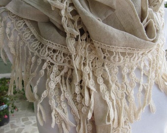 Oatmeal Linen Fringe Scarf, Ivory Cotton Lace, Turkish Scarf