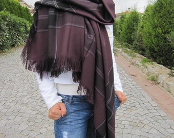 Burgundy Plaid Flannel Scarf, Cotton Viscose Blend, Blanket Wrap Shawl