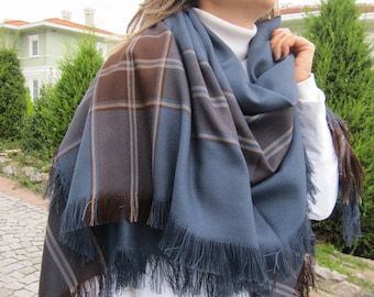 Blue Brown Plaid Blanket Scarf, Flannel Wrap Shawl