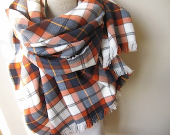 Denver Broncos scarves - Orange navy blue white, tartan Plaid Flannel shirt fabric Blanket Scarf-Women-Men-Denver Broncos fanatics Accessory