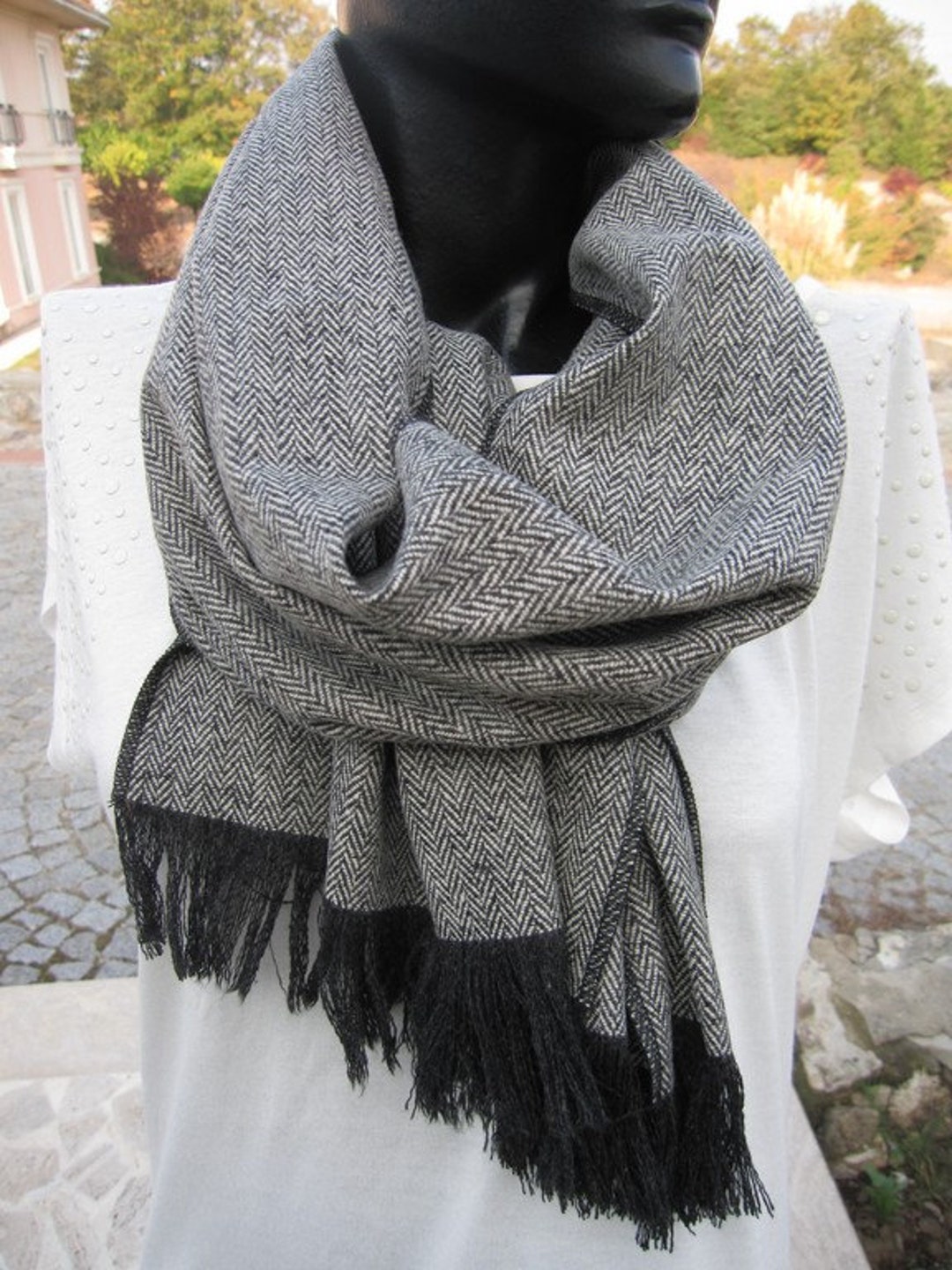 Herringbone Winter Scarf -black Grey Long Herringbone-wool