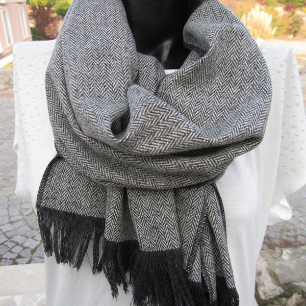 Écharpe d’hiver à chevrons -Écharpe longue en tissu à chevrons-Laine gris noir -tweed-Turquie 2024 MODE hiver femme, foulards homme-mode homme