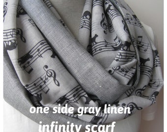 Animal scarves-Cat scarf -animal linen infinity scarf /light gray black long scarf-music notes scarf-man fashion-mens scarves-womens scarves