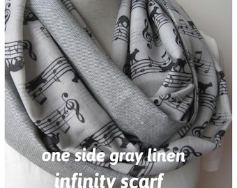 Animal scarves-Cat scarf -animal linen infinity scarf /light gray black long scarf-music notes scarf-man fashion-mens scarves-womens scarves