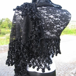 Black sheer French lace wrap shawl scarf, church scarf, evening gown shawl- handmade crochet lace scarf-women's scarves-white wedding shawl