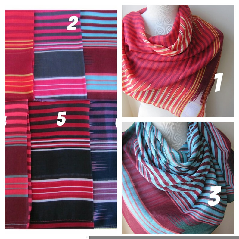 May include: Ten different striped scarves in various colors, including red, black, blue, and white. The scarves are arranged in a grid pattern with numbers 1 through 5 visible on the image.
