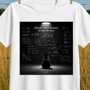 Camiseta de gato de entropía, camiseta divertida de física con temática de termodinámica de gatos negros, camiseta gráfica con humor científico, regalo para profesores de física, camiseta para amantes de los gatos nerds