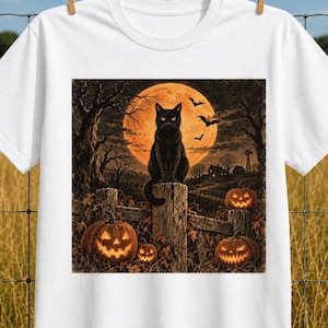 May include: A white t-shirt featuring a graphic print of a black cat sitting on a wooden fence post in front of a large orange full moon. The scene includes three glowing jack-o'-lanterns, bare trees, and flying bats in a dark night setting.