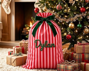 Personalisierter, großer, gestreifter Weihnachtsmann-Sack, individuell bestickte Namens-Weihnachtsgeschenktasche, wiederverwendbarer Geschenksack