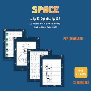 Könnte beinhalten: Ein blaues Aktivitätsbuch mit dem Titel "SPACE LINE DRAWINGS" für Kinder, das Linienzeichnungsübungen für Feinmotorik enthält. Das Buch enthält Illustrationen von Außerirdischen und Zahlen, geeignet für Kinder im Alter von 4-6 Jahren, mit 13 Übungen.