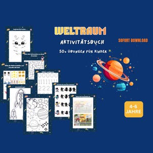 Può includere: Un libro di attività digitale per bambini dai 4 ai 6 anni, con esercizi a tema spazio. La copertina mostra il titolo "WELTRAUM AKTIVITÄTSBUCH" e un'illustrazione di pianeti. Contiene vari fogli di lavoro con attività di disegno e conteggio.