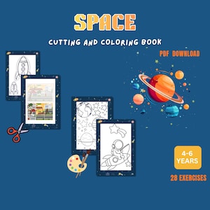 Könnte beinhalten: Auf blauem Hintergrund ist ein Weltraum-Ausmal- und -Bastelbuch zu sehen. Das Buch enthält Illustrationen von Raketen, Planeten und Astronauten. Der Text lautet "SPACE" und "CUTTING AND COLORING BOOK". Enthält 28 Übungen für Kinder im Alter von 4-6 Jahren.