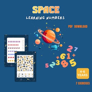 Könnte beinhalten: Bildungsressource zum Thema Weltraum zum Erlernen von Zahlen, geeignet für Kinder im Alter von 4-6 Jahren. Das Bild zeigt Planeten, Zahlen und Arbeitsblätter mit Weltraumillustrationen. Der Text enthält "SPACE LEARNING NUMBERS", "PDF DOWNLOAD" und "7 EXERCISES".