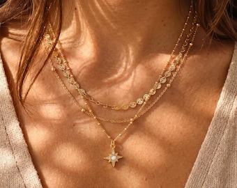 Conjunto de collar de oro de 18 quilates en capas, resistente al agua, con cadena de satélite de doble capa, joyería minimalista y delicada para apilar.