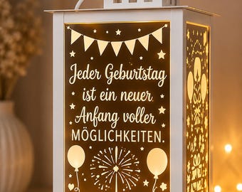 Personalisierte Geburtstagslaterne | Geschenk zum Geburtstag | LED Windlicht mit Spruch | Geburtstagsdeko | Name & Alter