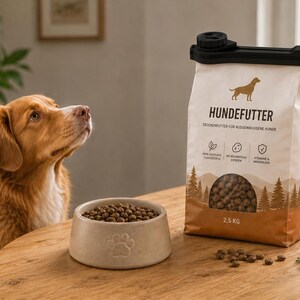 Könnte beinhalten: Ein brauner Hund blickt auf einen Sack Hundefutter auf einem Holztisch. Der Sack trägt die Aufschrift "Hundefutter" und enthält 2,5 kg Trockenfutter. Eine Keramikschale mit Pfotenabdruck ist mit Futter gefüllt.