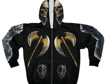 Wikinger Hoodie | Abstrakter schwarzer Schädel Grafik-Zip Hoodie | Allover-Druck