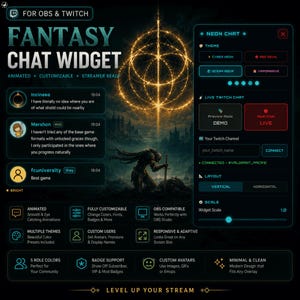 May include: A digital graphic for OBS & Twitch, showcasing a "Fantasy Chat Widget." The design features a dark theme with neon accents, customizable options, and animated elements. Includes chat previews, layout options, and user settings.
