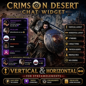 Può includere: Un widget chat Crimson Desert per lo streaming, con un guerriero centrale con spada e scudo, anteprime chat verticali e orizzontali, ed etichette di testo per layout, temi, tipi di ruolo, avvisi e immagini del profilo.
