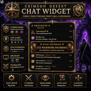 Può includere: Un'interfaccia widget di chat digitale intitolata Crimson Desert Chat Widget, caratterizzata da un'estetica dark fantasy con accenti dorati. Il layout include un feed di chat centrale, tre temi, icone di avviso e impostazioni personalizzabili.