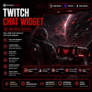 May include: A digital graphic promoting a Twitch chat widget, "Red Devil Edition." The image features a futuristic, space-themed design with a red and black color scheme. Text highlights features like real-time messages, neon themes, and bot protection.