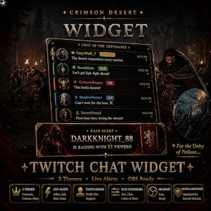 Può includere: Un widget di chat Twitch digitale intitolato Crimson Desert, caratterizzato da un'interfaccia scura con avatar utente, nomi utente come GreyWolf_7 e Moonblade e un avviso di raid per Darkknight_88. Il design include elementi testuali, icone e un'estetica fantasy scura con una figura di guerriero.
