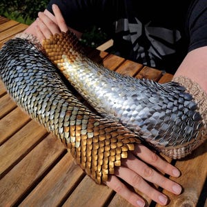 Puede incluir: Un par de brazales con diseño de cota de escamas. Un brazal es principalmente de tono dorado, mientras que el otro es de tono plateado. Ambas piezas están construidas con escamas metálicas superpuestas sobre una base de tejido beige.