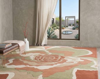 Alfombra grande abstracta con diseño floral: alfombra moderna con diseño de rosas en terracota, verde salvia y marfil.