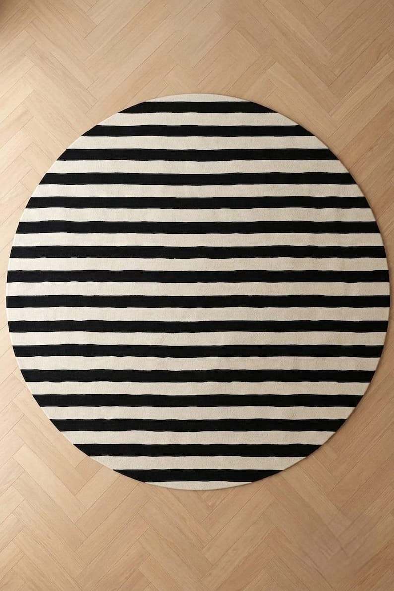 Modern Black & White Round Striped Area Rug – Contemporary Minimalist ...