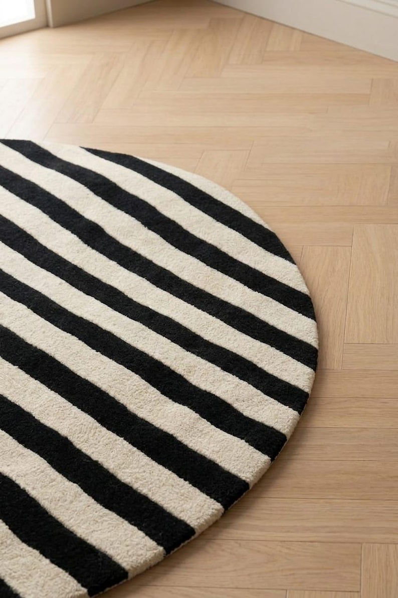 Modern Black & White Round Striped Area Rug – Contemporary Minimalist ...