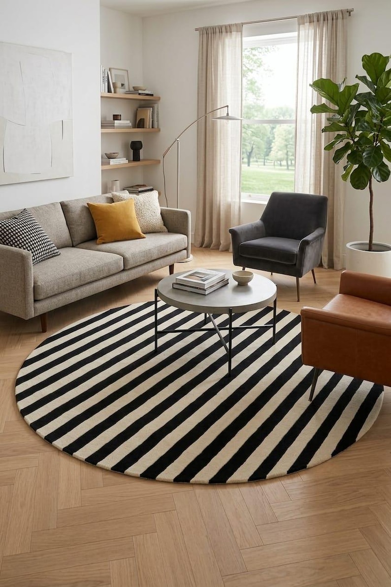 Modern Black & White Round Striped Area Rug – Contemporary Minimalist ...
