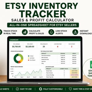 May include: A laptop displays an Etsy Inventory Tracker spreadsheet. The screen shows sales, profit calculations, and stock status. Features include real-time stock tracking, low stock alerts, and instant download. The spreadsheet is an all-in-one solution for Etsy sellers.
