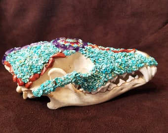 Ornate Gemstone Coyote Skull