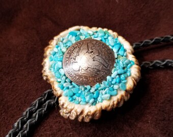 Handmade antler, turquoise and antique coin pendant bolo necklace