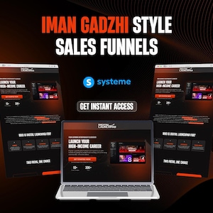 Könnte beinhalten: Werbung für "Iman Gadzhi Style Sales Funnels" mit einem Laptop und zwei tabletartigen Bildschirmen, die eine Website-Oberfläche anzeigen. Die Website wirbt für den Start einer hochkarätigen Karriere. Das System-Logo ist sichtbar.