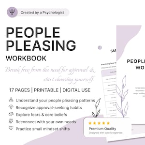 May include: A People Pleasing Workbook with 17 pages for printable or digital use. The cover features the text People Pleasing Workbook, a heart icon, and a plant illustration on a white background with soft purple abstract shapes and accents.