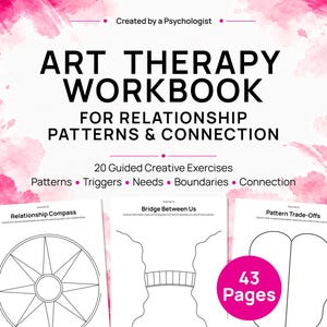 Puede incluir: Un libro de ejercicios de arteterapia para patrones de relación y conexión con un fondo de acuarela rosa. El texto de la portada dice: Created by a Psychologist, Art Therapy Workbook, 20 Guided Creative Exercises, Patterns, Triggers, Needs, Boundaries, Connection y 43 Pages.
