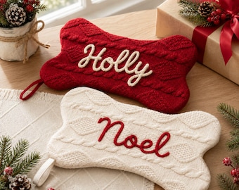 Personalized Dog Christmas Stocking, Custom Name Dog Bone Stocking, Knit Pet Stocking, Puppy First Christmas Gift