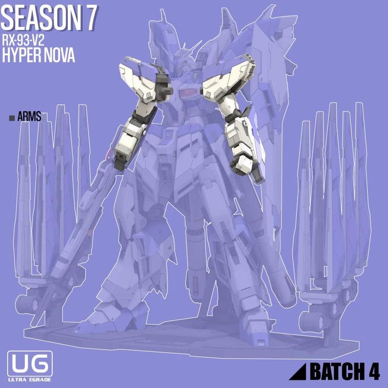 Może przedstawiać: Szczeg&oacute;łowa ilustracja modelu robota, z białymi i szarymi ramionami oraz skomplikowanymi detalami mechanicznymi. Widoczny tekst "SEASON 7 RX-93-V2 HYPER NOVA", "ARMS" i "BATCH 4". Tło w jasnym fioletowym kolorze.