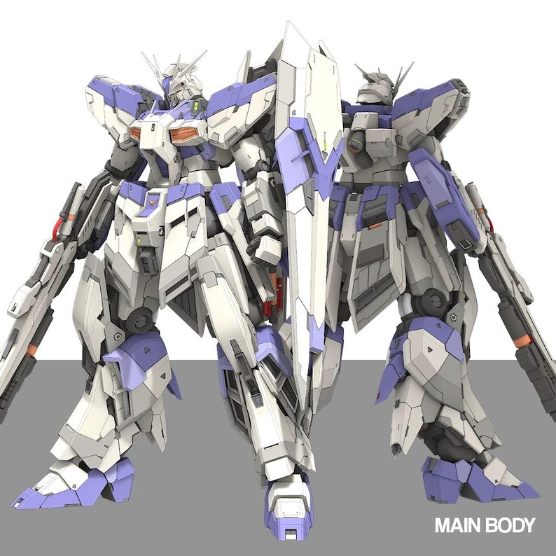 Może przedstawiać: Szczeg&oacute;łowa ilustracja białego, szarego i lawendowego robota mecha z dużą tarczą i karabinem. Robot stoi wyprostowany z ramionami po bokach. Słowa "MAIN BODY" znajdują się w prawym dolnym rogu.