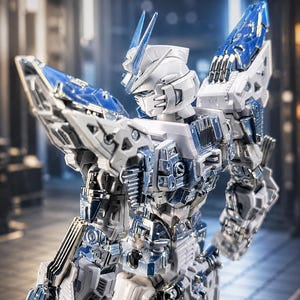 May include: A detailed, articulated robot figure in white and blue, with intricate mechanical details. The figure has a futuristic design, with the "AsterForgeStudio" logo visible in the top left corner.