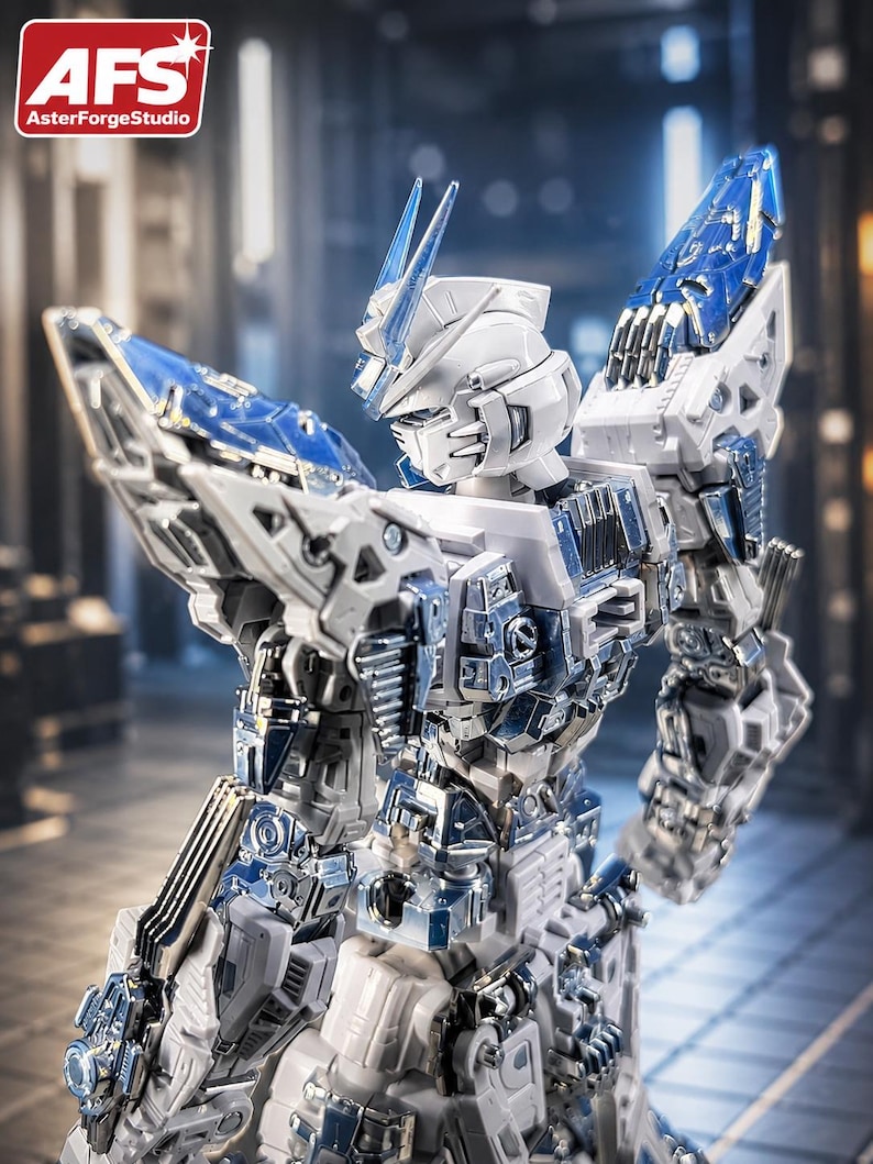 May include: A detailed, articulated robot figure in white and blue, with intricate mechanical details. The figure has a futuristic design, with the "AsterForgeStudio" logo visible in the top left corner.