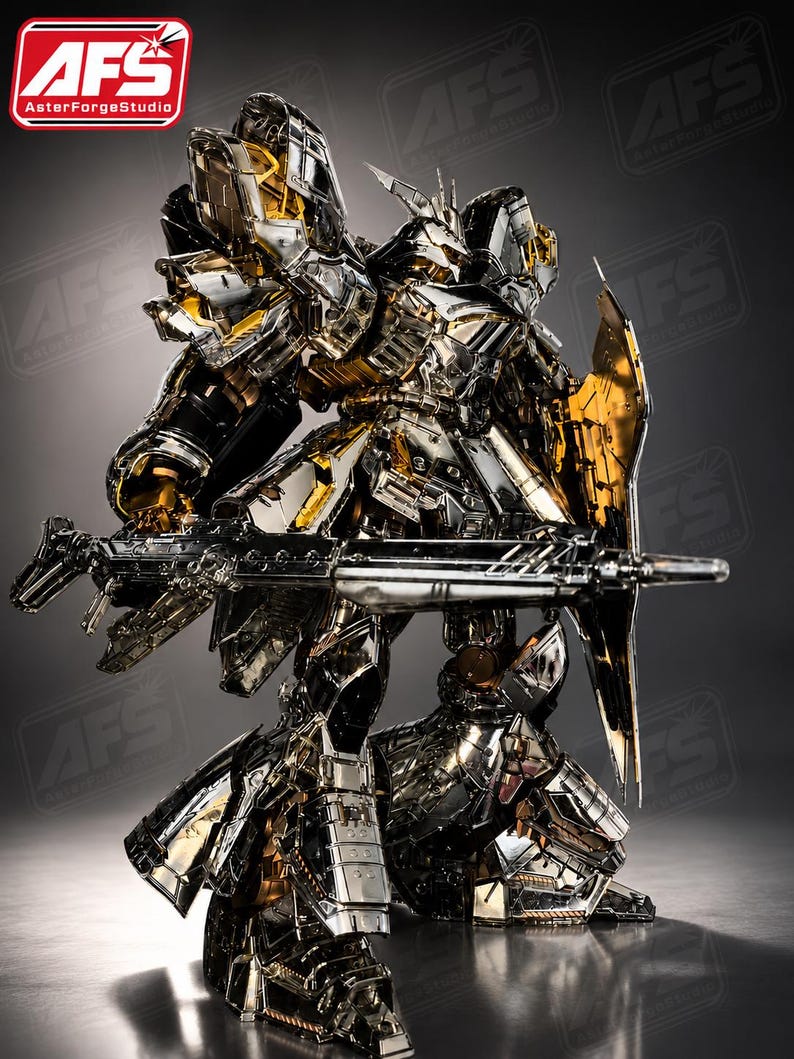 May include: A detailed, metallic robot figure with silver and gold accents, holding a large weapon. The figure has intricate armor plating and a shield. The AsterForgeStudio logo is visible in the top left corner.