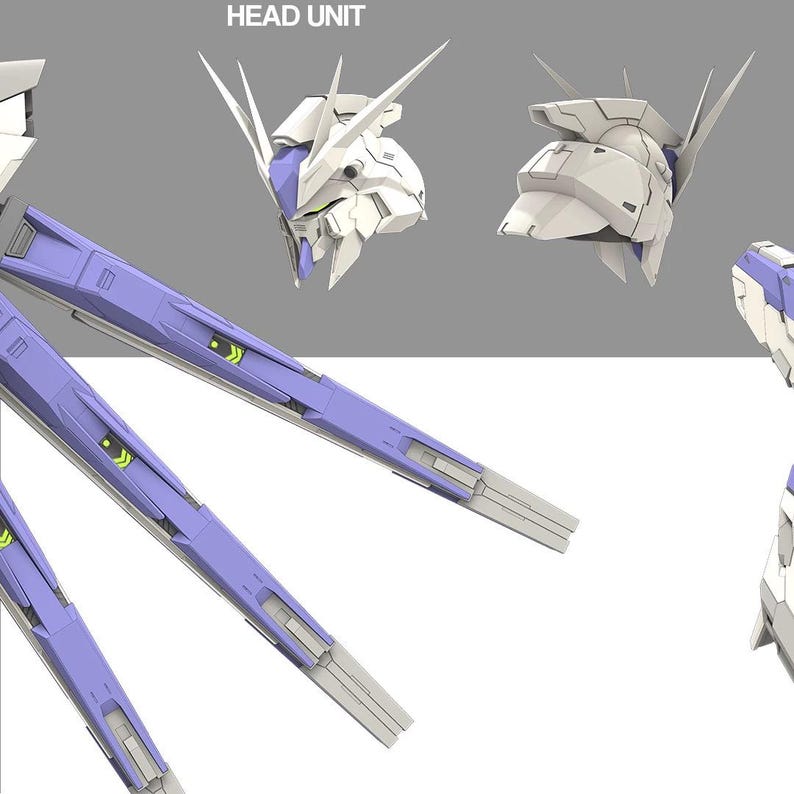 Może przedstawiać: Render 3D białej i niebieskiej głowicy robota, z ostrymi, kanciastymi elementami i szczeg&oacute;łowym projektem. Obraz przedstawia r&oacute;wnież fragmenty niebiesko-szarej struktury przypominającej skrzydło, z ż&oacute;łtymi akcentami. Tekst "HEAD UNIT" znajduje się na g&oacute;rze.