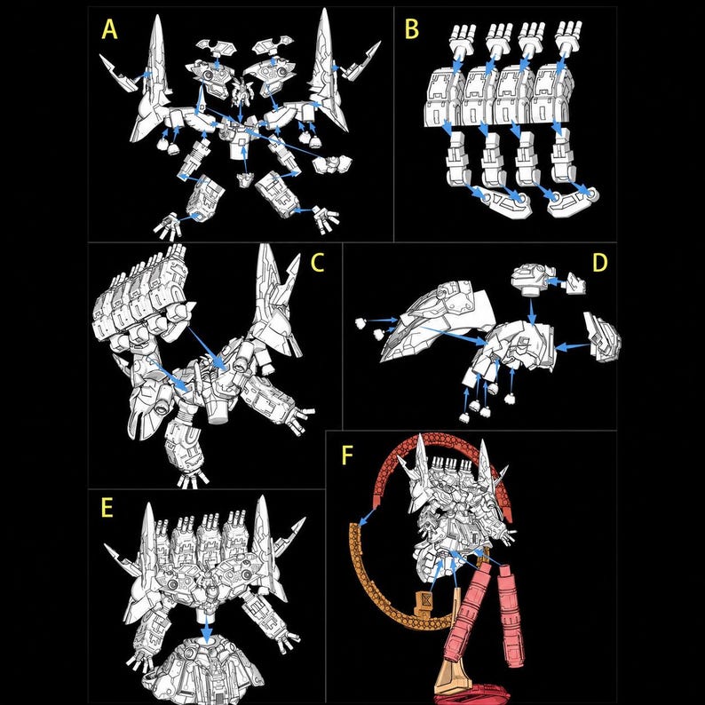 May include: Diagram of a model kit with multiple views showing assembly steps. The kit appears to be a detailed robot or mecha figure, with various components labeled and connected by arrows. The image is set against a black background.
