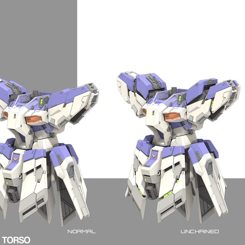 Może przedstawiać: Render 3D tułowia robota w dw&oacute;ch stanach: "Normal" i "Unchained". Tuł&oacute;w jest gł&oacute;wnie biały i jasnofioletowy z pomarańczowymi i zielonymi akcentami. Projekt charakteryzuje się kątowymi panelami i detalami mechanicznymi.