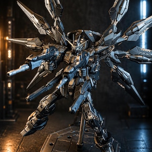 May include: A detailed, dark gray mecha figure with multiple articulated wings and weaponry. The figure is posed on a black stand, showcasing its intricate design and mechanical details. The text "AsterForgeStudio" is visible.